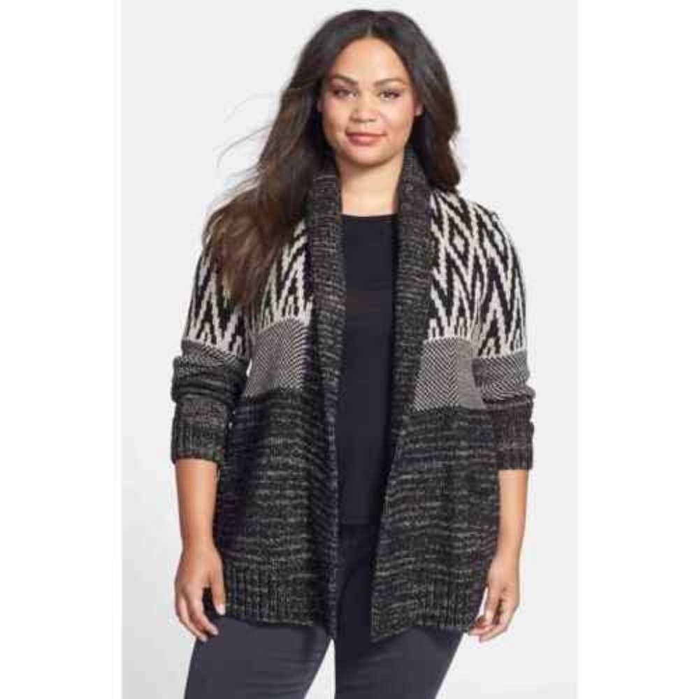 Lucky Brand Cotton/Wool Blend Long Line Cardigan Aztec Knit L